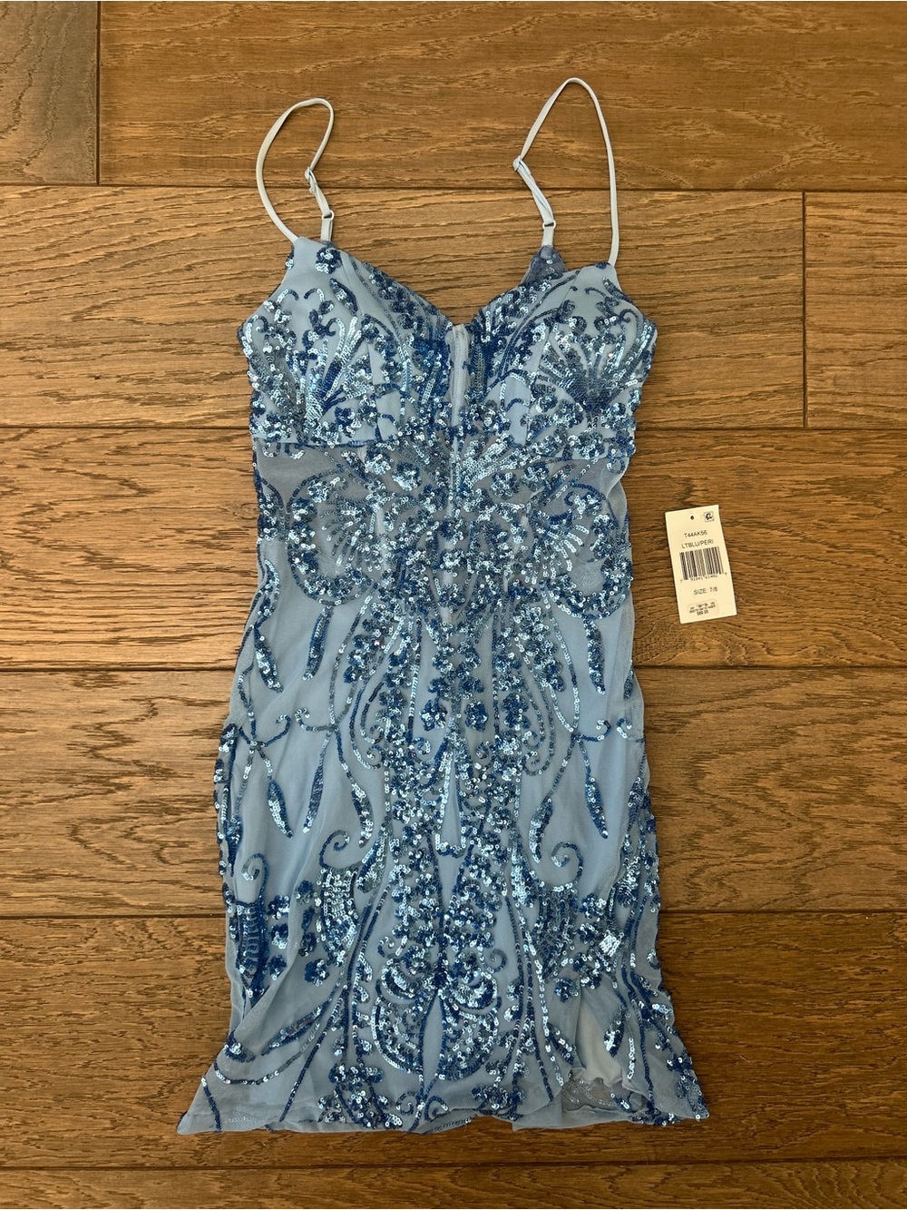 Macy's Light Blue Sequin Embellished Spaghetti Strap Mini Dress
